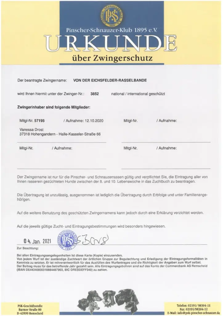 Urkunde Zwingerschutz Eichsfelder Rasselbande