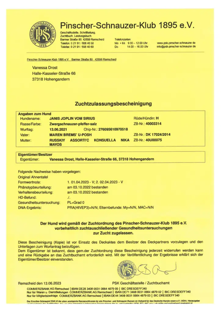 Zuchtzulassungsbescheinigung - Zwergschnauzer Janis Joplin vom Sirius